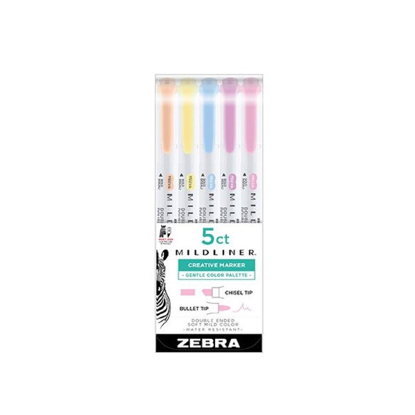 Zebra Mildliner 5-pack creative markers with bullet and chisel tips in pastel colors, front packaging view.